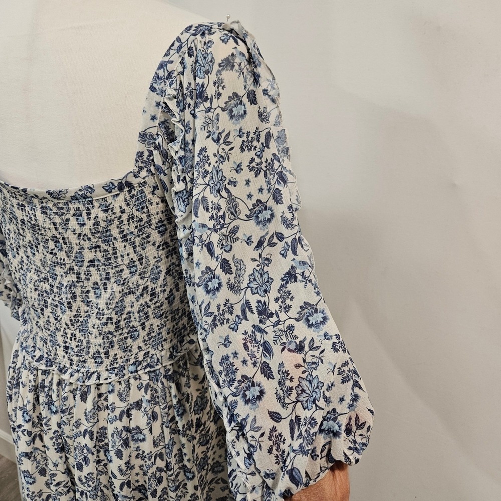 Super Natural Puff Sleeve Mini Dress L Blue Floral Smocked Peasant Cottage - Picture 10 of 15